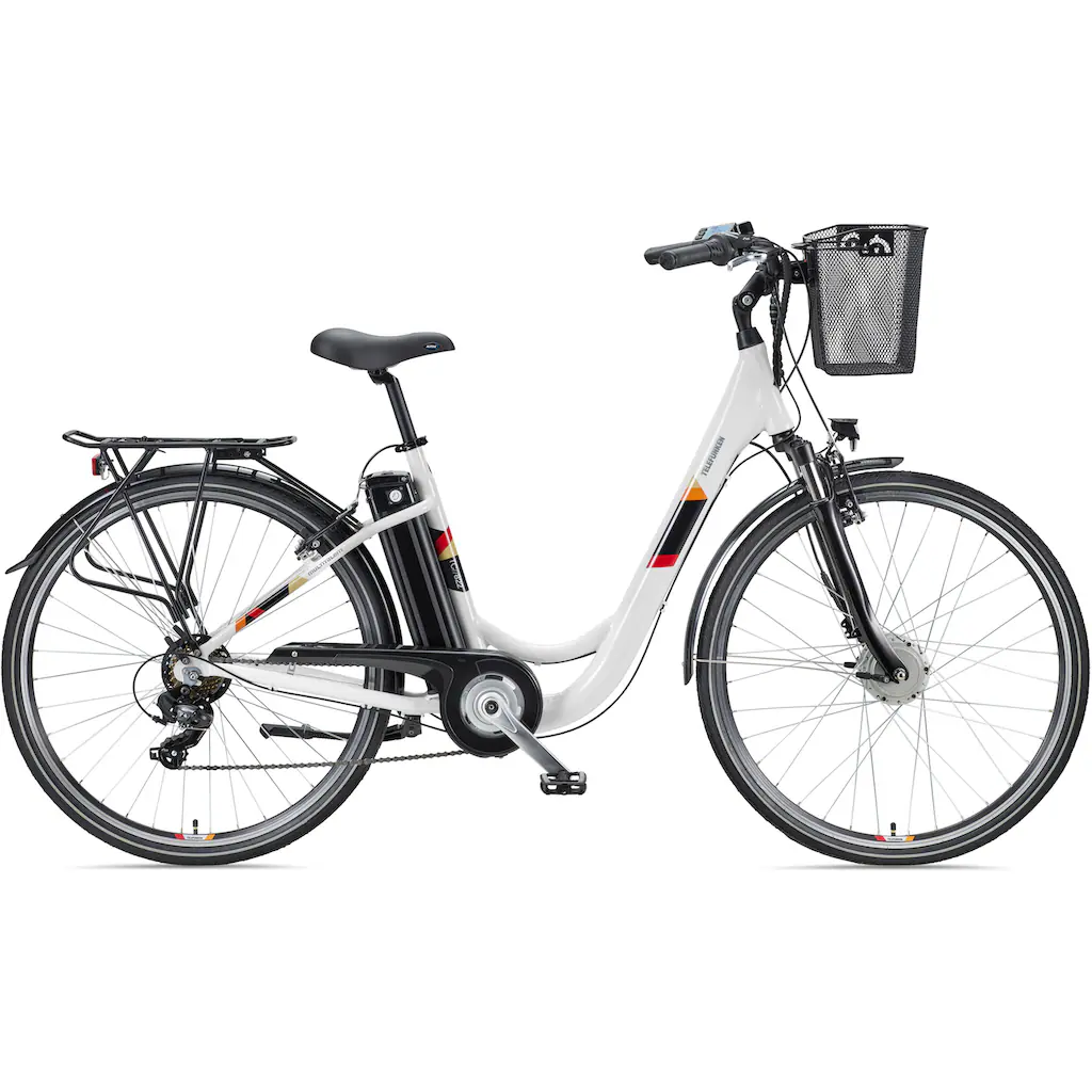 Telefunken E-Bike »Multitalent RC822« 7 Gang Shimano Tourney Frontmotor 250 W (ca. 100 km Reichweite-2 V-Bremsen-Beleuchtung-Straßenzulassung) City Elektrofahrrad Damen Herren 28 Zoll 36 V 374 Wh Akku Pedelec auf Raten Fabrik Onlineshop