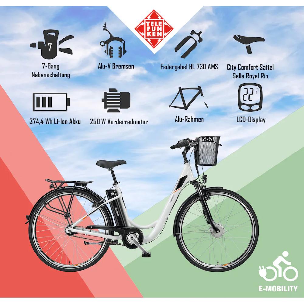 Telefunken E-Bike »Multitalent RC840« 7 Gang Shimano Nexus Frontmotor 250 W Pedelec Elektrofahrrad für Damen u. Herren Cityrad auf Rechnung online bestellen Cyber Monday