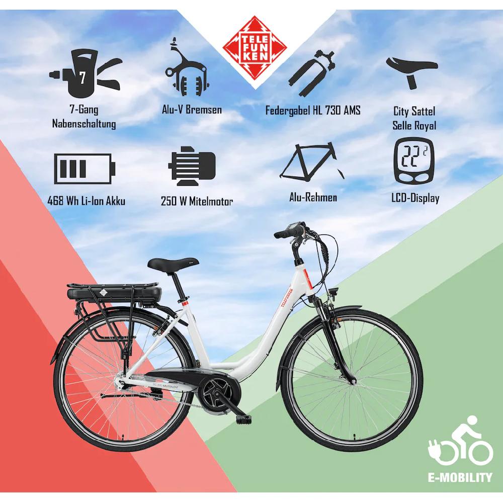 Telefunken E-Bike »Multitalent RC890« 7 Gang Shimano Nexus Mittelmotor 250 W Pedelec Elektrofahrrad für Damen u. Herren Cityrad Lagerräumung