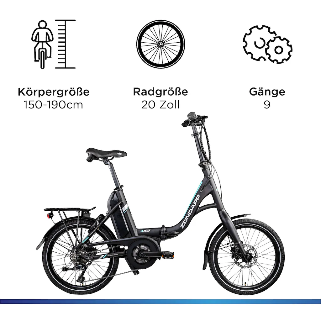 Zündapp E-Bike »X100« 9 Gang Shimano Sora Mittelmotor 250 W Pedelec Elektrofahrrad für Damen u. Herren Faltrad auf Rechnung online kaufen Bestseller