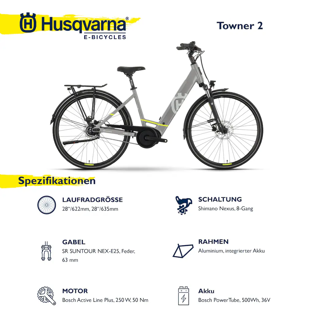 Husqvarna E-BICYCLES E-Bike »E-Citybike Towner 2« 8 Gang Shimano Nexus Mittelmotor 250 W (28 Zoll Bosch Motor Rücktritt Scheibenbremsen mit Straßenzulassung) Pedelec Elektrofahrrad für Herren u. Damen Cityrad tiefer Einstie Tägliche Deals