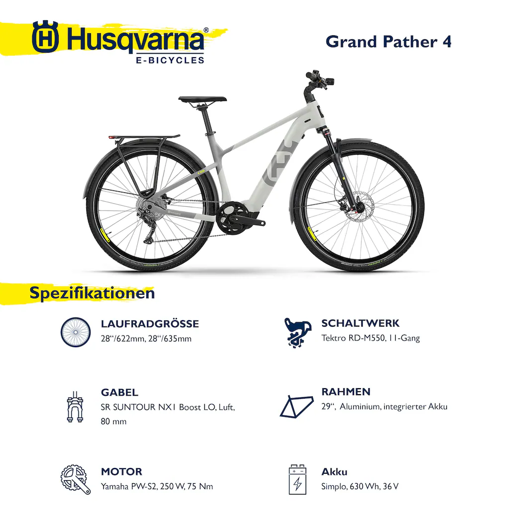 Husqvarna E-BICYCLES E-Bike »E-Trekkingbike Grand Pather 4« 11 Gang Tektro RD-M550 Mittelmotor 250 W (28 Zoll Yamaha Motor Scheibenbremsen mit Straßenzulassung) Pedelec Elektrofahrrad für Herren Trekkingrad auf Raten Bis zu 60% Rabatt