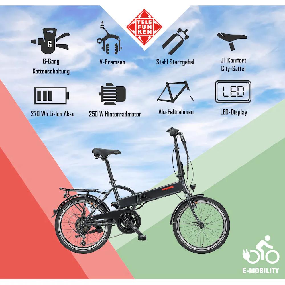 Telefunken E-Bike »Kompakt F820« 6 Gang Shimano Tourney Heckmotor 250 W Pedelec Elektrofahrrad für Damen u. Herren Faltrad auf Rechnung online bestellen Speichern exportieren