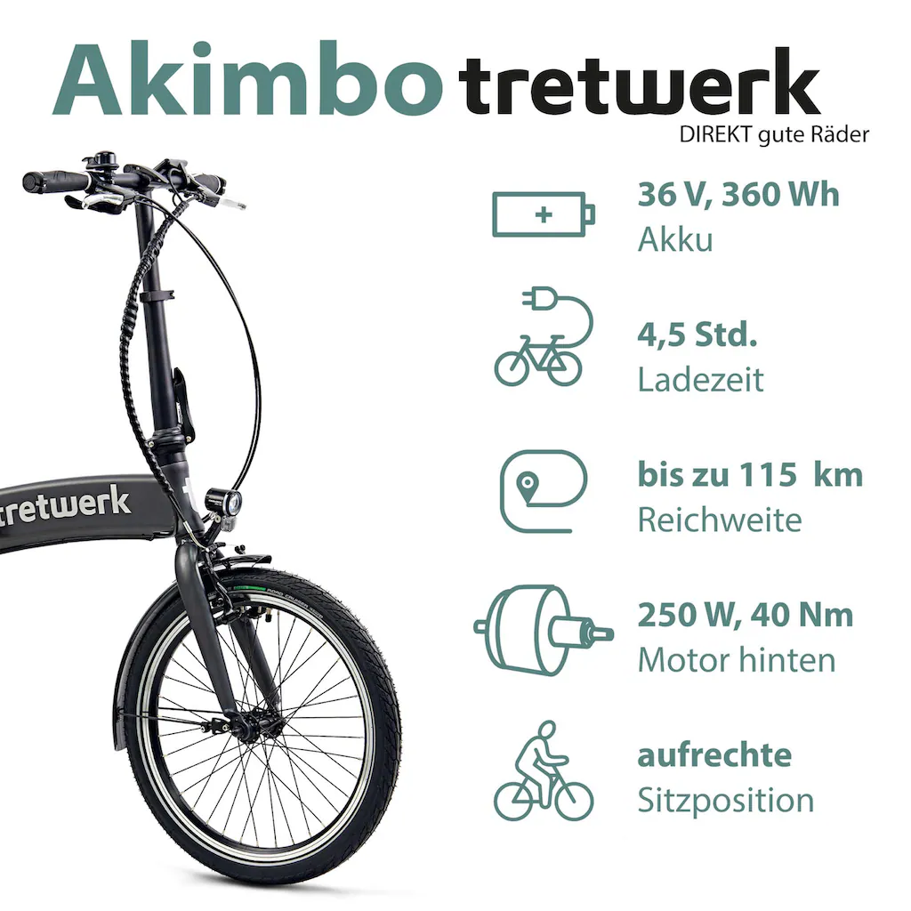 Tretwerk E-Bike »Akimbo« 8 Gang Shimano Acera M3020 SGS Heckmotor 250 W Pedelec Elektrofahrrad für Damen u. Herren Faltrad Günstiger Verkauf