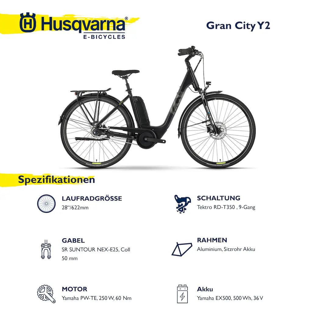 Husqvarna E-BICYCLES E-Bike »E-Citybike Grand City Y2« 9 Gang Tektro RD-T350 Mittelmotor 250 W (28 Zoll Yamaha Motor Scheibenbremsen mit Straßenzulassung) Pedelec Elektrofahrrad für Herren u. Damen Cityrad tiefer Einstieg Weihnachtsangebot