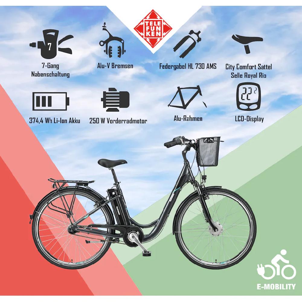 Telefunken E-Bike »Multitalent RC840« 7 Gang Shimano Nexus Frontmotor 250 W Pedelec Elektrofahrrad für Damen u. Herren Cityrad Sonderangebote