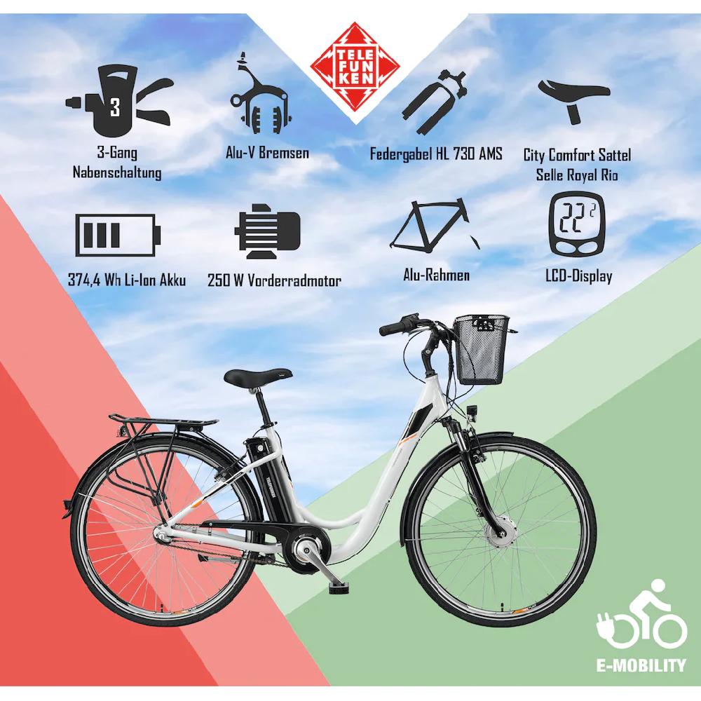 Telefunken E-Bike »Multitalent RC830« 3 Gang Shimano Nexus Frontmotor 250 W Pedelec Elektrofahrrad für Damen u. Herren Cityrad auf Rechnung kaufen Outlet