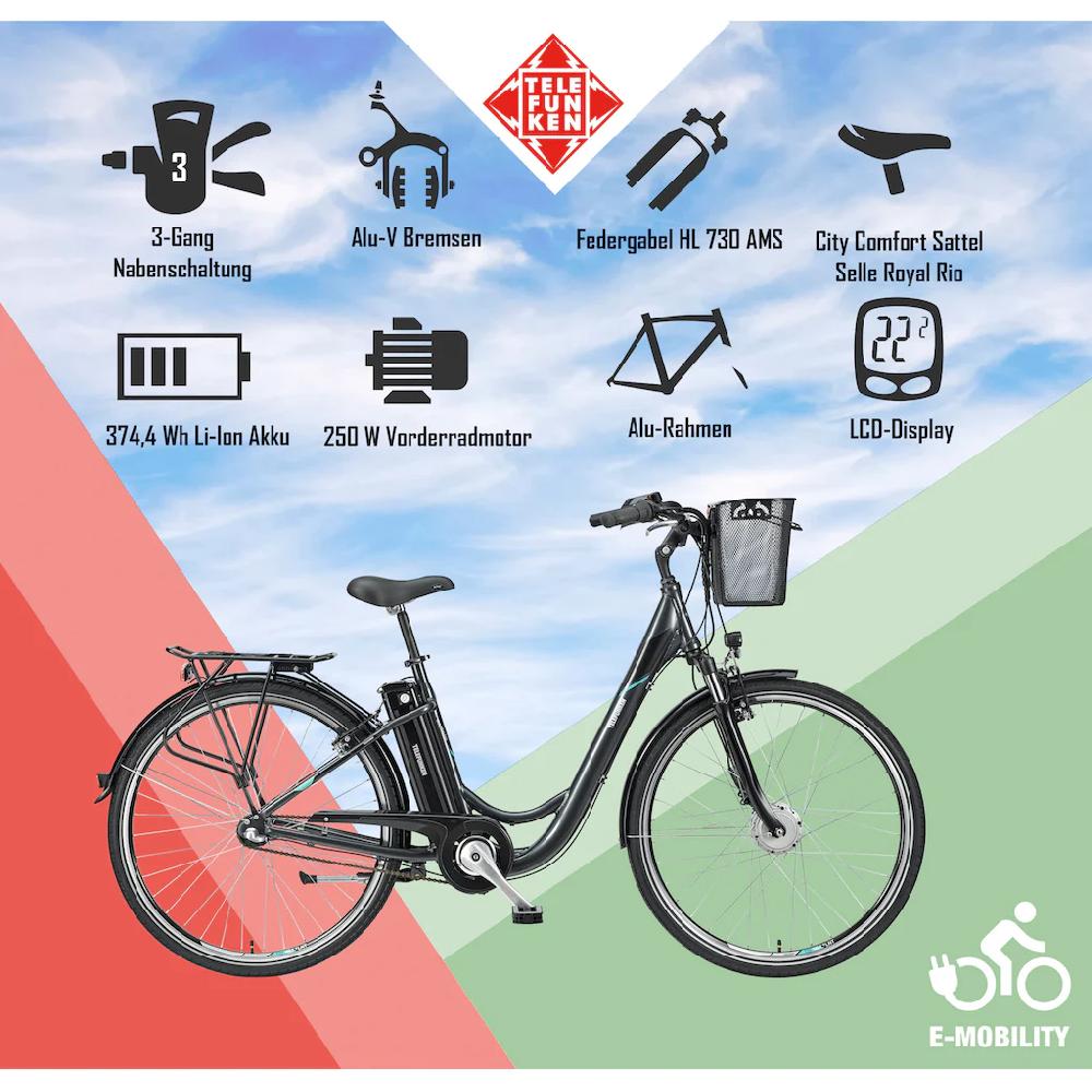 Telefunken E-Bike »Multitalent RC830« 3 Gang Shimano Nexus Frontmotor 250 W Pedelec Elektrofahrrad für Damen u. Herren Cityrad auf Raten Auslauf
