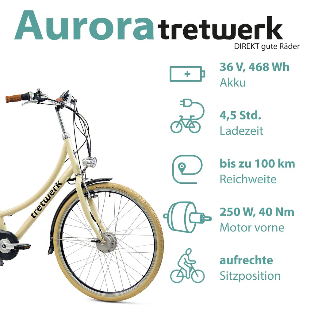 Tretwerk E-Bike »Aurora« 7 Gang Frontmotor 250 W (im Retro-Stil) Pedelec Elektrofahrrad für Damen u. Herren Cityrad Günstiger Verkauf