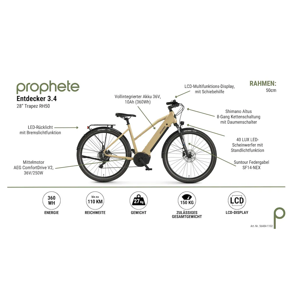 Prophete E-Bike »Entdecker 3.4« 8 Gang Shimano Mittelmotor 250 W Pedelec Elektrofahrrad für Damen Trekkingrad auf Rechnung bestellen Rabatt