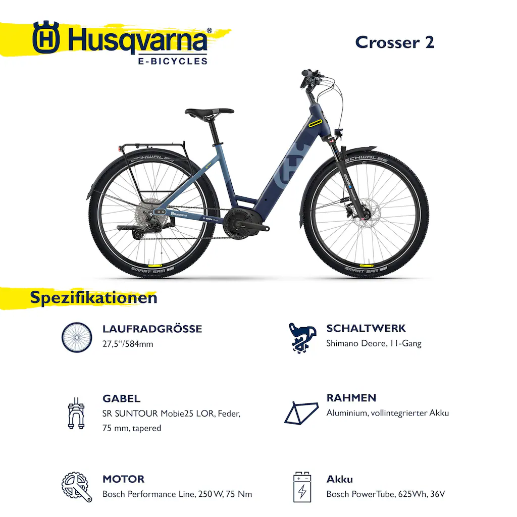 Husqvarna E-BICYCLES E-Bike »E-Trekkingbike Crosser 2« 11 Gang Shimano Deore RD-M5100 Mittelmotor 250 W (27 5 Zoll Bosch Motor Scheibenbremsen Straßenzulassung) Pedelec Elektrofahrrad für Herren u. Damen Trekkingrad auf Rate Begrenztes Angebot