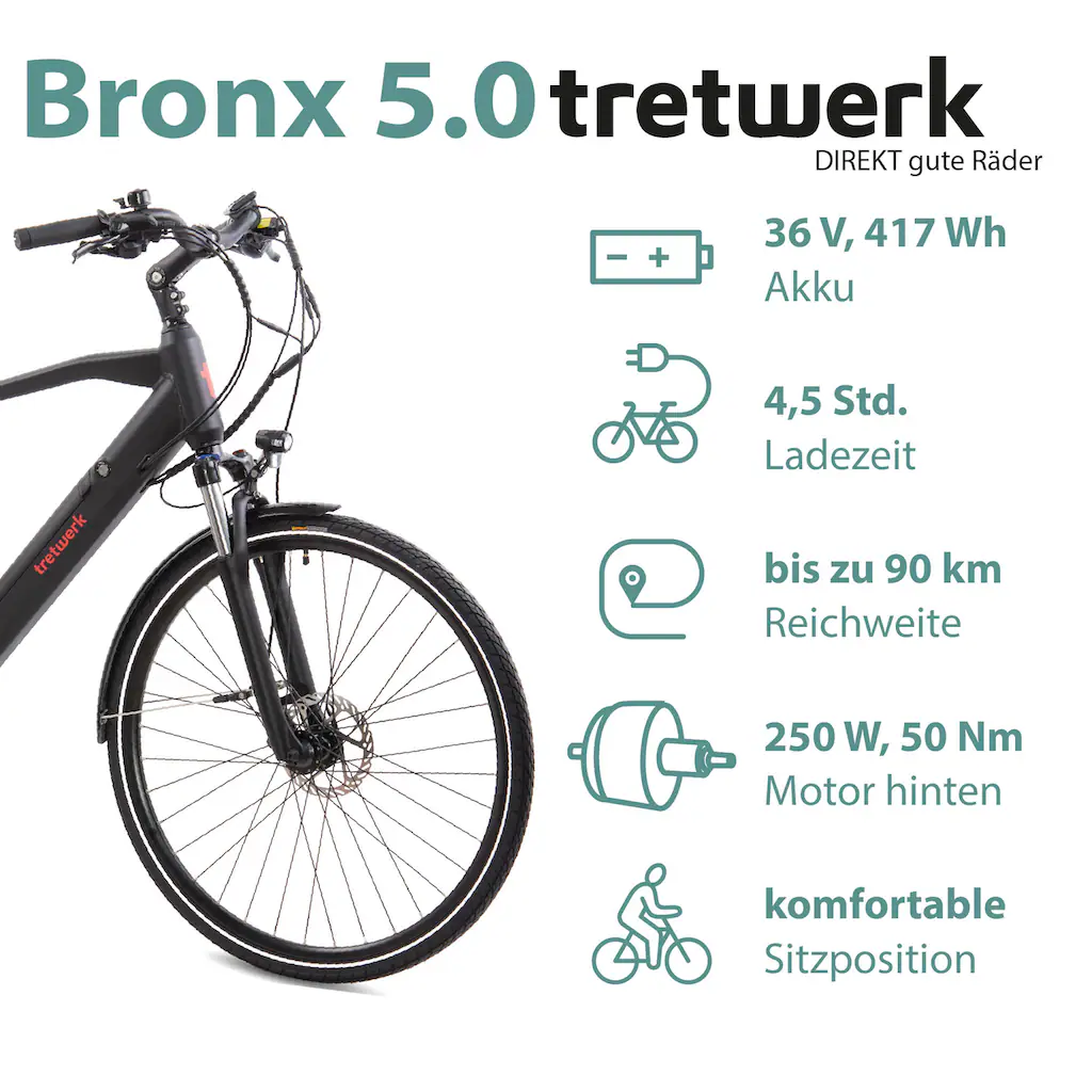 Tretwerk E-Bike »Bronx 5.0« 24 Gang Shimano Altus M310 Heckmotor 250 W Pedelec Elektrofahrrad für Damen u. Herren Trekkingrad auf Rechnung online kaufen Nur für heute