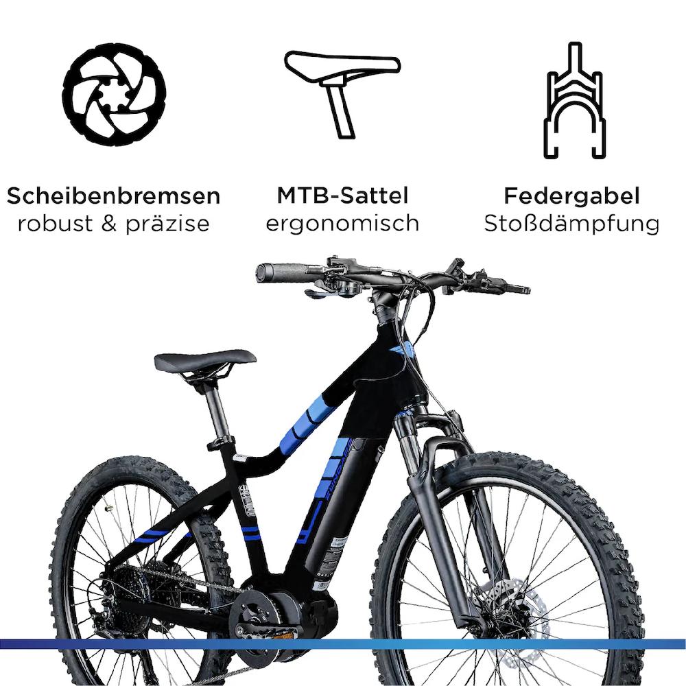 Zündapp E-Bike »Z240« 9 Gang Shimano Alivio RD-M3100 SGS Mittelmotor 250 W E Bike Mountainbike 24 Zoll Elektro Bike 130-145 cm Jugendliche ab 8 Outlet
