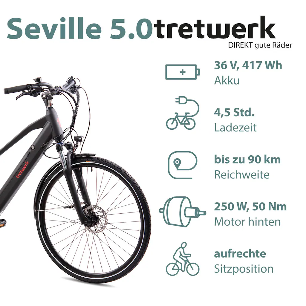 Tretwerk E-Bike »Seville 5.0« 24 Gang Shimano Heckmotor 250 W Pedelec Elektrofahrrad für Damen u. Herren Trekkingrad Preisnachlass