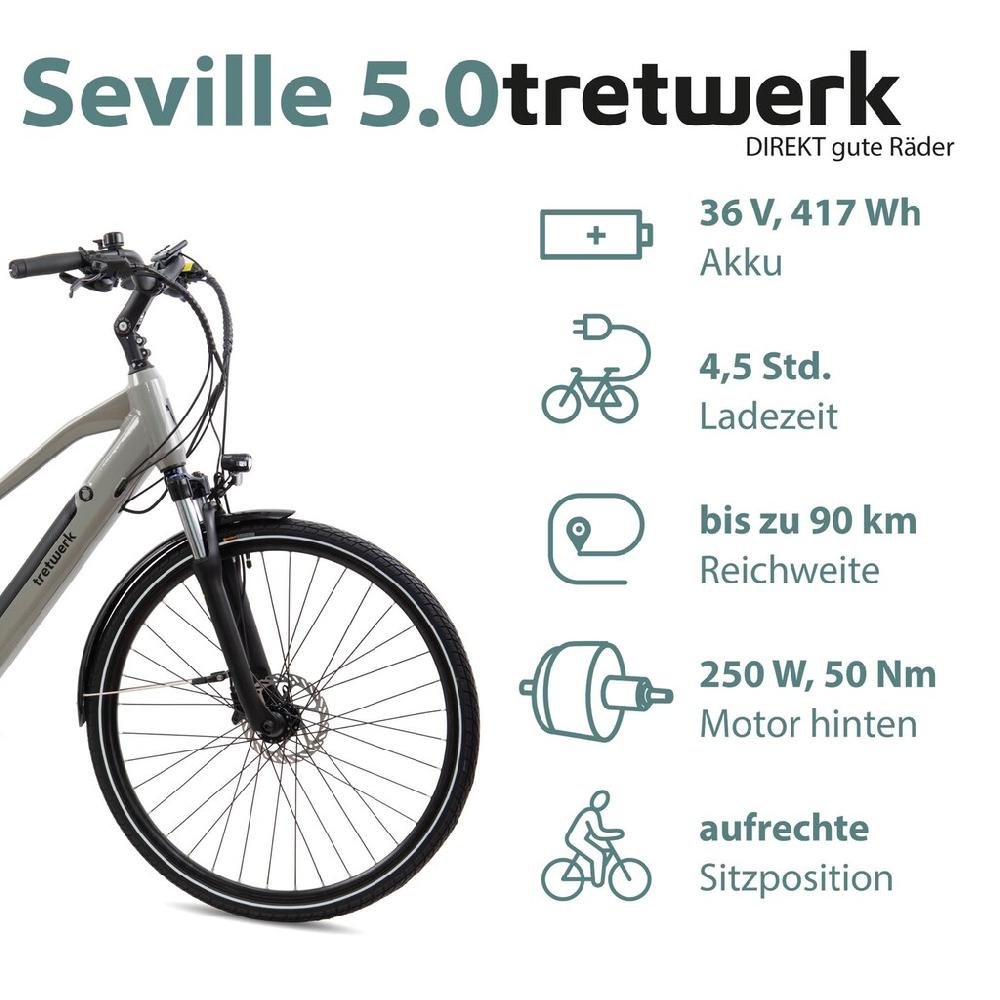 Tretwerk E-Bike »Seville 5.0« 24 Gang Shimano Heckmotor 250 W Pedelec Elektrofahrrad für Damen u. Herren Trekkingrad auf Rechnung kaufen Top Angebot