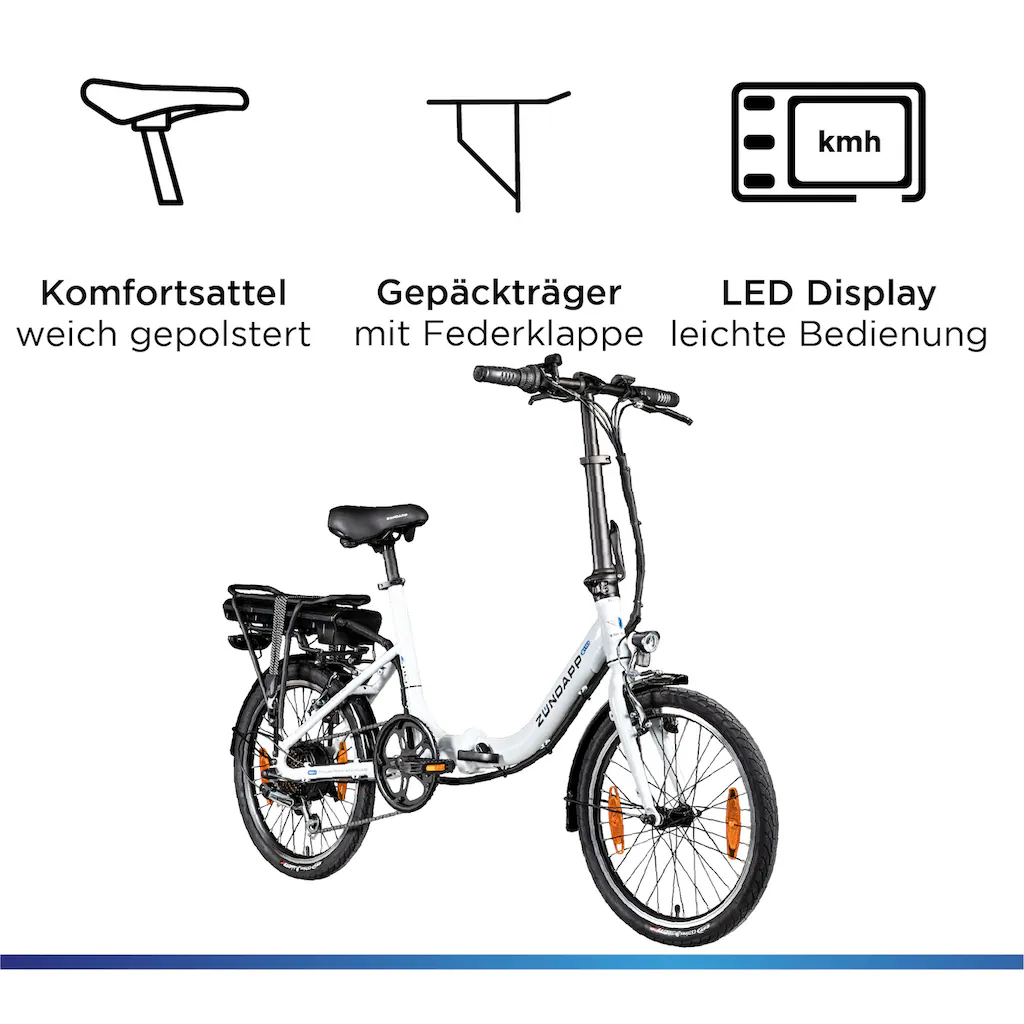 Zündapp E-Bike »Z110« 7 Gang Shimano RD-TY21 Tourney Heckmotor 250 W Pedelec Elektrofahrrad für Damen u. Herren Klapprad auf Rechnung online bestellen Blitzangebot