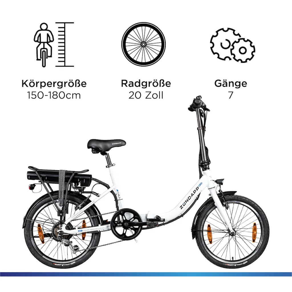 Zündapp E-Bike »Z110« 7 Gang Shimano RD-TY21 Tourney Heckmotor 250 W Pedelec Elektrofahrrad für Damen u. Herren Klapprad auf Rechnung online bestellen Blitzangebot