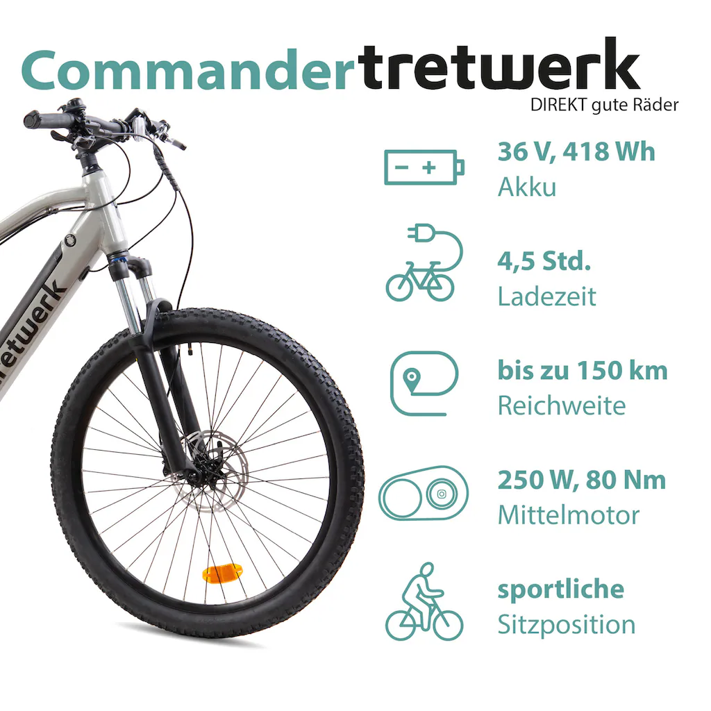 Tretwerk E-Bike »Commander« 9 Gang Shimano Altus M2000 Mittelmotor 250 W Pedelec Elektrofahrrad für Damen u. Herren MTB Mountainbike Neuheiten