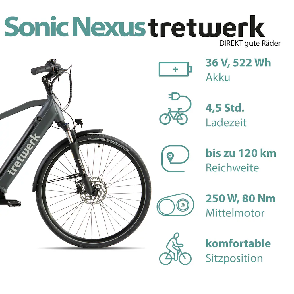 Tretwerk E-Bike »Sonic Nexus« 7 Gang Mittelmotor 250 W Pedelec Elektrofahrrad für Damen u. Herren Trekkingrad auf Rechnung online kaufen Sonderangebot der Fabrik
