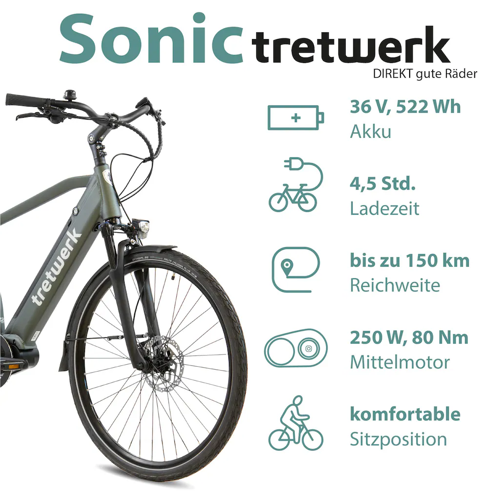 Tretwerk E-Bike »Sonic« 8 Gang Shimano Acera M3020 SGS Mittelmotor 250 W Pedelec Elektrofahrrad für Damen u. Herren Trekkingrad auf Rechnung Hotsell