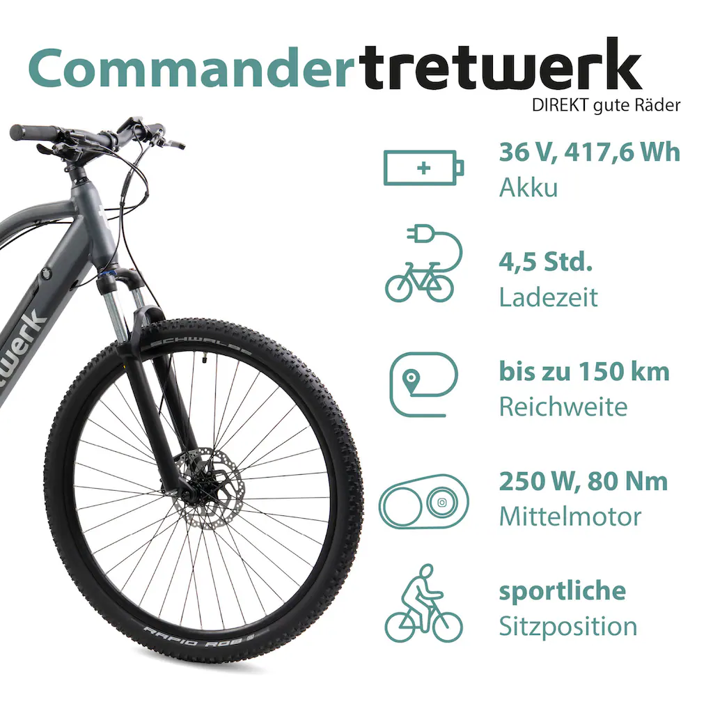 Tretwerk E-Bike »Commander« 9 Gang Shimano Altus SGS Mittelmotor 250 W Pedelec Elektrofahrrad für Damen u. Herren MTB Mountainbike auf Rechnung Limitierter Zeitrabatt