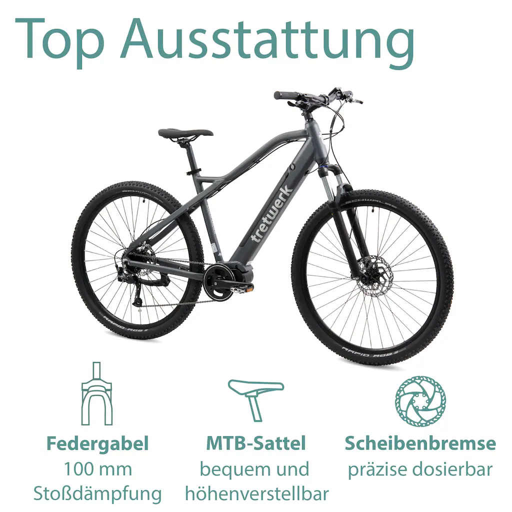 Tretwerk E-Bike »Commander« 9 Gang Shimano Altus SGS Mittelmotor 250 W Pedelec Elektrofahrrad für Damen u. Herren MTB Mountainbike auf Rechnung Limitierter Zeitrabatt