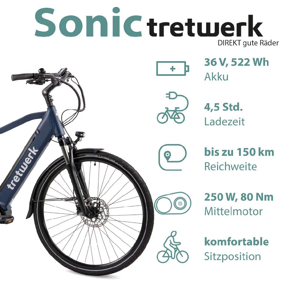 Tretwerk E-Bike »Sonic« 8 Gang Shimano Acera M3020 SGS Mittelmotor 250 W Pedelec Elektrofahrrad für Damen u. Herren Trekkingrad auf Rechnung Versandkostenfrei