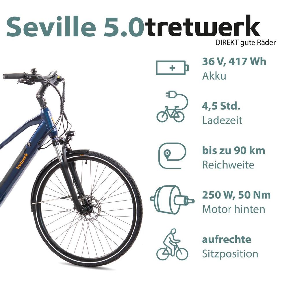 Tretwerk E-Bike »Seville 5.0« 24 Gang Shimano Heckmotor 250 W Pedelec Elektrofahrrad für Damen u. Herren Trekkingrad auf Rechnung Muttertagsangebot