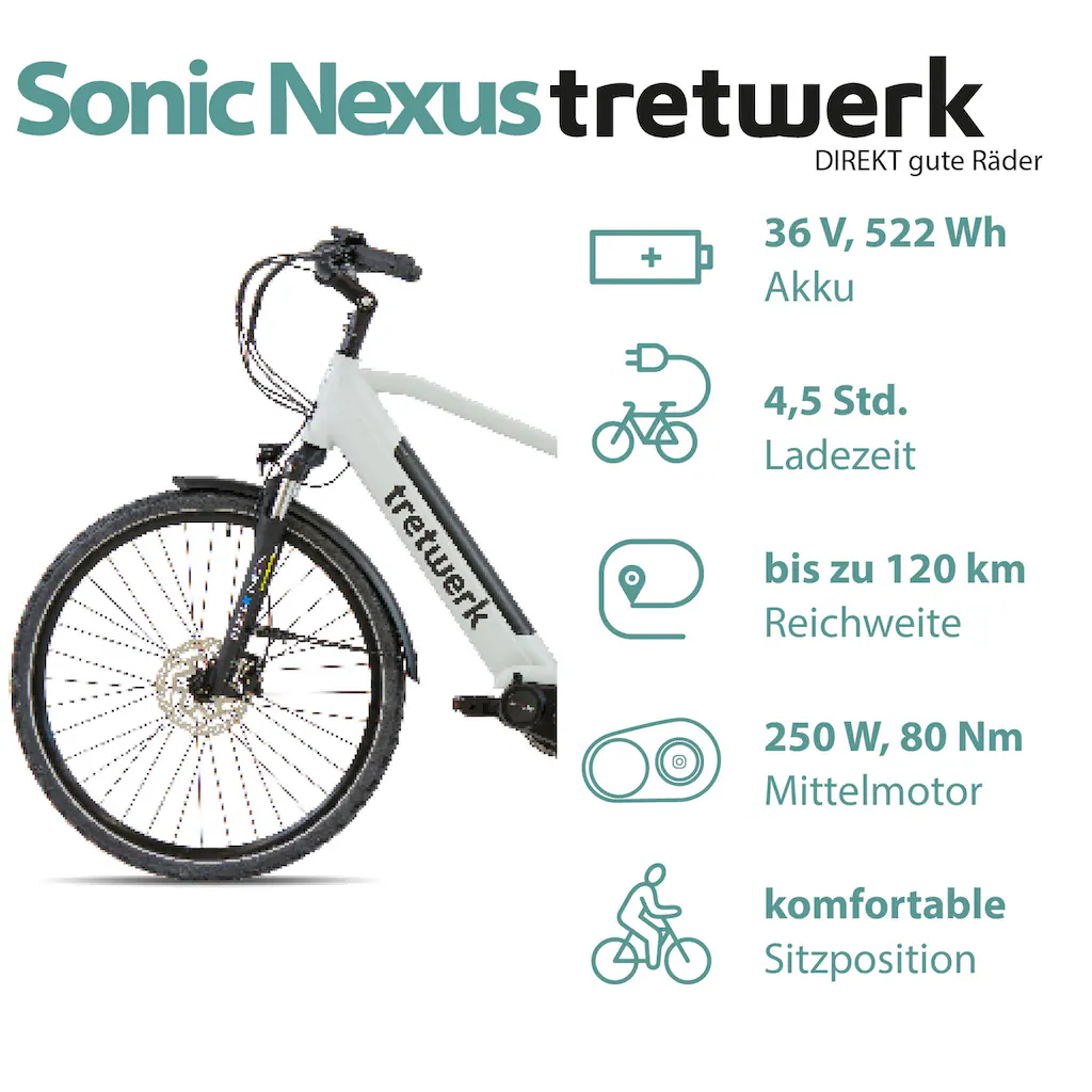 Tretwerk E-Bike »Sonic Nexus« 7 Gang Mittelmotor 250 W Pedelec Elektrofahrrad für Damen u. Herren Trekkingrad auf Rechnung online kaufen Vatertagsangebot