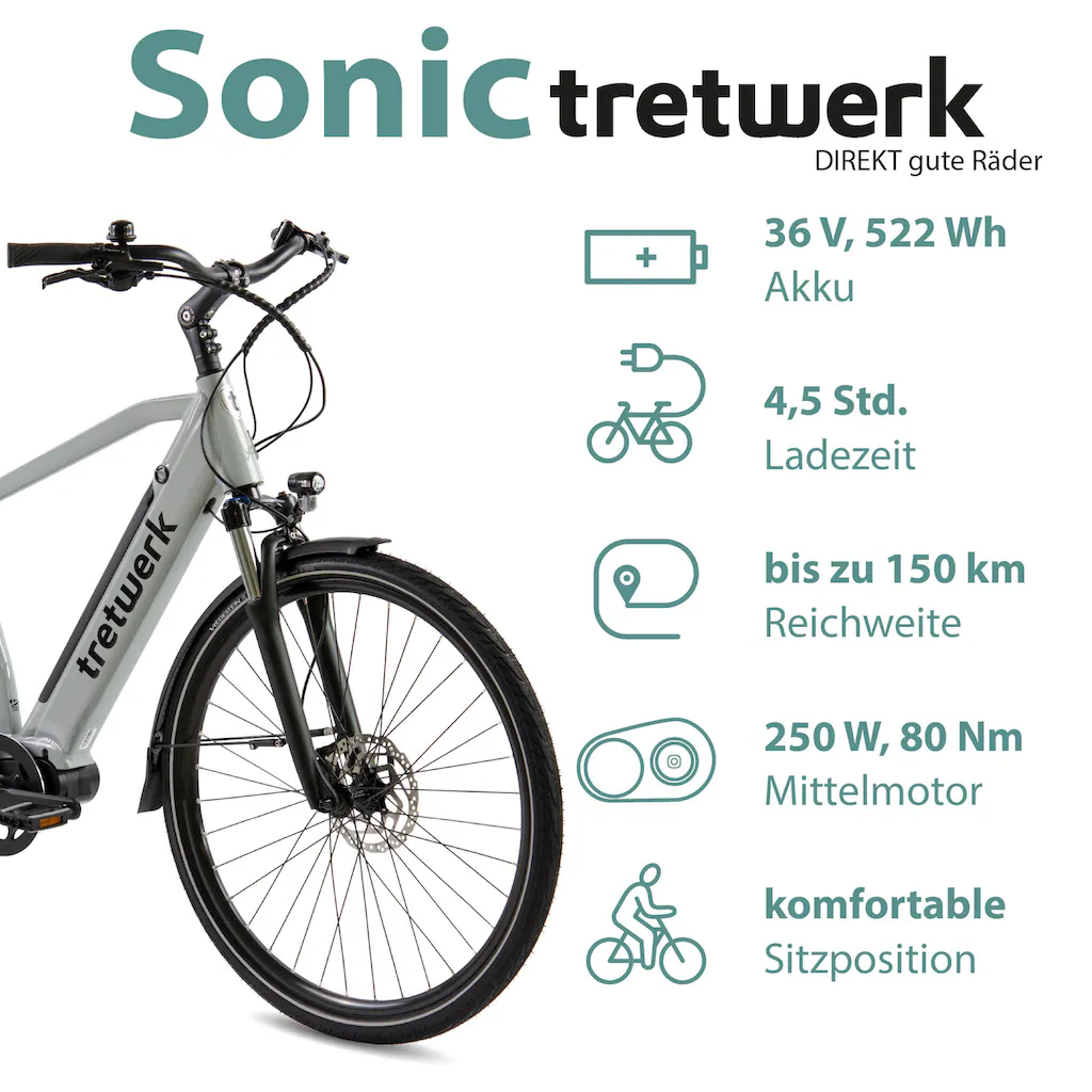 Tretwerk E-Bike »Sonic« 8 Gang Shimano Acera M3020 SGS Mittelmotor 250 W Pedelec Elektrofahrrad für Damen u. Herren Trekkingrad Jubiläumsangebot