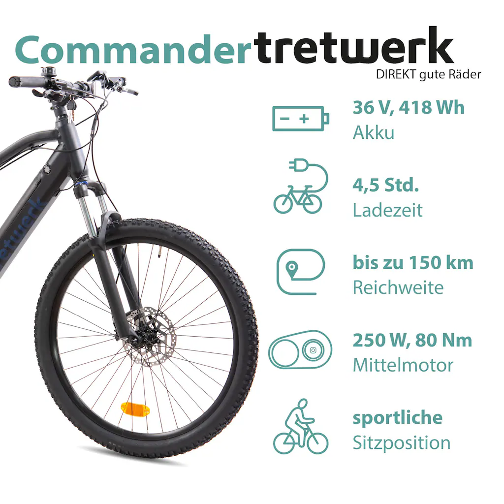 Tretwerk E-Bike »Commander« 9 Gang Shimano Altus M2000 Mittelmotor 250 W Pedelec Elektrofahrrad für Damen u. Herren MTB Mountainbike auf Rechnung online kaufen Tiefpreis