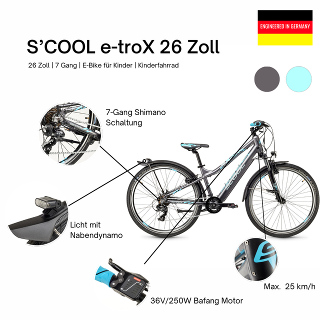 S'COOL S'COOL Junior Bikes E-Kinderfahrrad e-troX 26 Zoll 7-Gang Grey/blue &vert; fahrrad.de Kostenloser Versand international