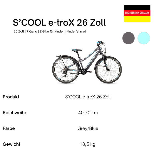 S'COOL S'COOL Junior Bikes E-Kinderfahrrad e-troX 26 Zoll 7-Gang Grey/blue &vert; fahrrad.de Kostenloser Versand international